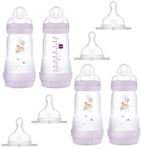 MAM Anti Colic Flasche 260 ml 4er Pack-Girl inkl. 8 Sauger // Größe 1 & 2 ab Geburt