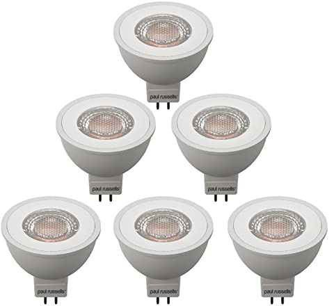 paul russells LED MR16 Bulbs – Pack of 6-35W Halogen Spotlight Equivalent, 12V Bi-Pin Base (GU5.3) - 4.5W 345lm Energy Saving Lights, 36° Wide Beam - 3000K Warm White Frosted - Non-Dimmable Lamps