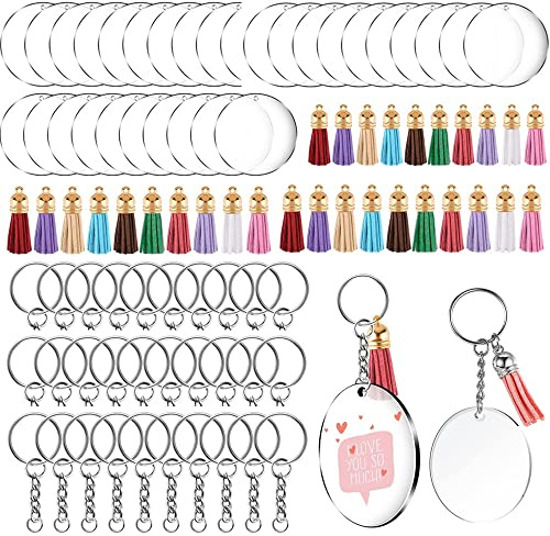 90 Piezas Llavero Acrílico Discos Circulares Acrílicos Transparentes Juego de Borlas Coloridas, Llaveros con Cadena y Anillos de Salto, Llavero Colgante Redondo para Bricolaje y Manualidades