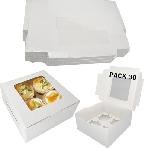 30 Stk Cupcake Transportbox 4 Loch, Kuchenbox Mit Sichtfenster, Tortenschachtel, Muffin Transportbox, Cupcake Box Mit Großem Sichtfenster, Kuchentransportbox Ideale Tortenschachtel Für Köstlichkeiten
