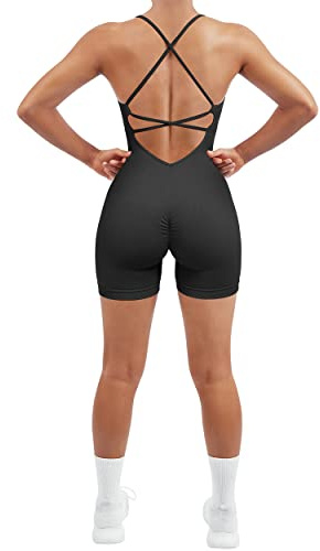 SUUKSESS Women Strappy Romper Workout Yoga Seamless One Piece Jumpsuit Tummy Control Padded Sports Bra (Black, L)