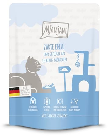 MjAMjAM - Nourriture Humide pour Chat Premium - Quetschie - Poulet juteux avec ajout de délicieuses Carottes, 1 Paquet (1 x 300g), sans céréales avec Viande supplémentaire