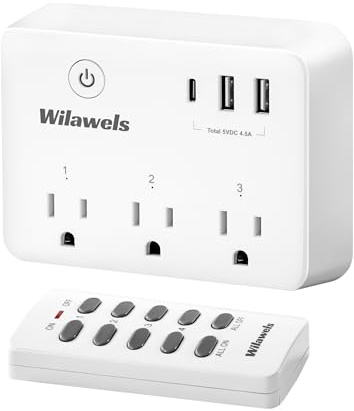 WILAWELS Remote Control Outlet, Multi-Plug Outlet with 3 Outlets and 3 USB Ports, No Interference Remote Outlet, Wireless Light Switch, 100FT RF Range, Programmable and Expandable, FCC Listed W03RC06