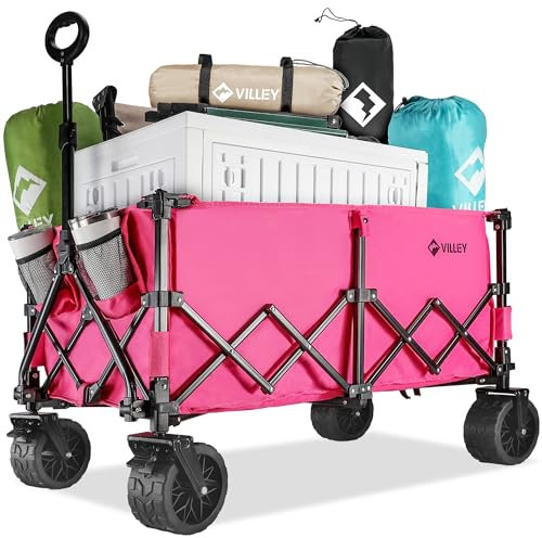 VILLEY Camping Trolley, Extended Collapsible Trolley Cart, Heavy-Duty Wagon Cart Loadable up to 150KG, All-Terrain Beach Wheels Wagon with Brakes for Outdoor Picnic Garden Beach Shopping | Pink