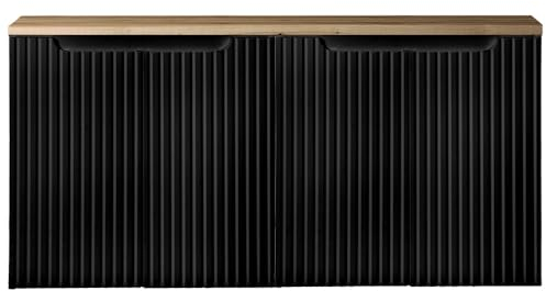 Lomadox Badezimmer Doppelwaschtisch-Unterschrank 120cm, in schwarz mit Eiche, gerillte Front, grifflos