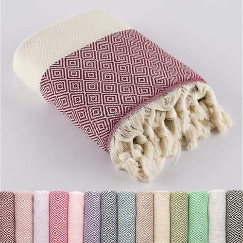 LUCIDUS Strandtuch – 100% Türkische Baumwolle, Schnell Trocknend & Sandfrei, 100x200 cm Saunatuch Hamamtuch Damen & Herren – Leicht & Ideal für Reise, Bad, Yoga, Camping (Weinrot Diamant)