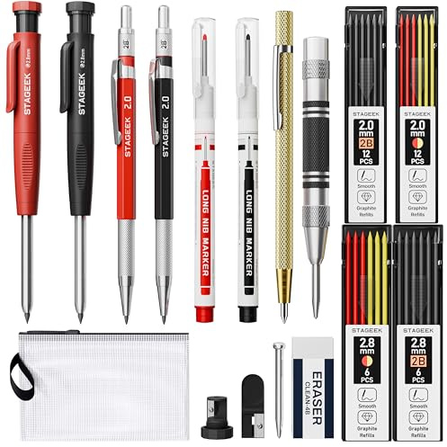 STAGEEK 17 Crayons Charpentier avec Taille Crayon 40 Recharges, Poinçon Automatique, Outil de Traçage en Carbure, Gomme et Marqueur pour Trous Profonds Robuste pour Architectes - avec Pochette | Marqueurs à pointe longue et kit d'outils de travail du bois pour architecte, entrepreneur, bricolage avec pochette