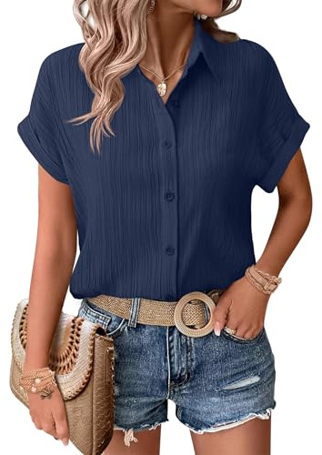 Zeagoo Women's Blouses Button Down Shirt Casual Short Sleeve Tops Textured Collared Summer Solid Elegant Tunic Tshirt