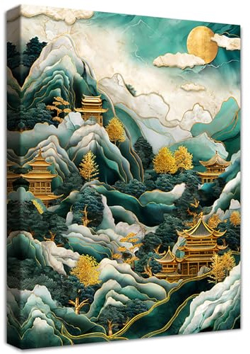 Wooden Framed Canvas Wall Art Marble Cloud Green Mountains Painting on Canvas Print Poster Golden Lofts and Trees Pictures for Living Room Bedroom Home Office Hallway Corridor Wall Decor 40x60cm