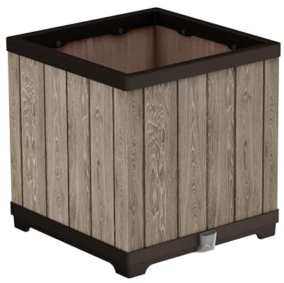 Keter Signature Square Planter – Ashwood Brown | Self-Watering Garden Planter | Built-In Reservoir & Water Level Indicator | Wood-Look Resin | Drainage Cup | Indoor/Outdoor Use | Easy Assembly