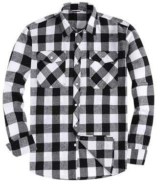 JupiterSecret Chemise en flanelle pour homme, à manches longues, à carreaux, coupe regular avec col boutonné et poche de poitrine, Gris-blanc, L