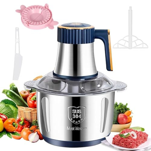 Picadora eléctrica con cuenco de acero inoxidable de 5 l y 6 cuchillas de acero inoxidable, picadora de carne versátil 500 W, 5 velocidades, robot mezclador pequeño para picar carne, cebolla, huevos