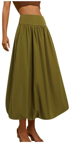 2025 Women's Maxi Balloon Skirt with Elastic Waist and A-line, Long Puff Skirt with Ruffle Hem, Balloon Skirts Summer Girls, Green, M