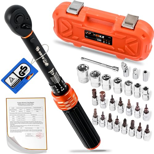 Warmfay Drehmomentschlüssel 1/4 Zoll, 1-25NM Torque Wrench Set ±3% Fehlergenauigkeit mit 72 Zähne Umschaltknarre, 27TLG Ratschenkasten mit Verlängerung, Universalgelenk, Innensechskant, Torx-Bits