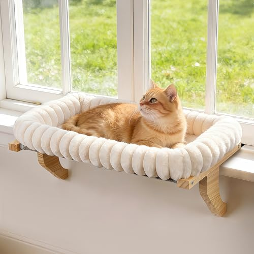 Zoratoo Cloud-Soft Wooden Cat Window Sill Perch with Zipper Cushion,M White