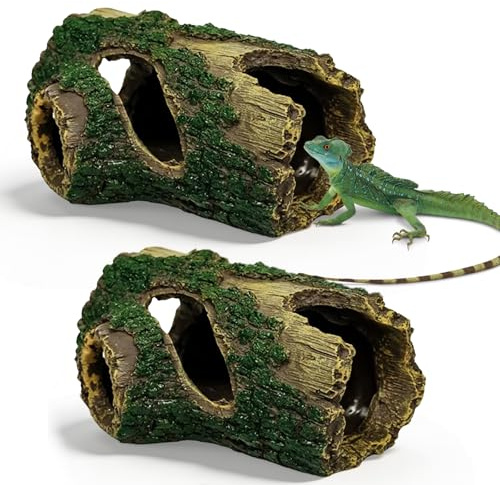 2PCS Reptile Hide, Gecko Hide Tree Stump with Powerful Suction Cup, Leopard Gecko Accessories for Bearded Dragons, Crested Geckos, Hermit Crabs, Lizards & Snakes