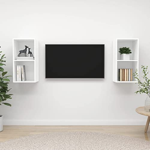 Boltkex TV-väggskåp, set om 2, vitt trämaterial, 37 x 37 x 72 cm, med 2 fack, för vardagsrum, hemmabio, väggmontering för mottagare, spelkonsol och högtalare