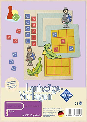 Pebaro 378/1S Laubsägevorlage Spiel 3 gewinnt, 3mm Sperrholz DIN A 4, Motiv farbig vorgedruckt, aussägen mit Laubsägebogen, basteln, fertig, Laubsägen, Basteln mit Holz, Geschenkidee