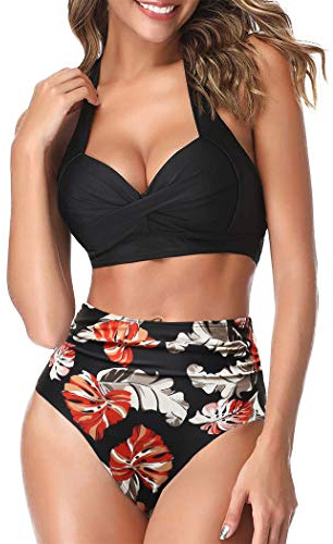 AOQUSSQOA Women Two Piece Tankini Swimsuits High Waist Halter Vintage Bikini Set Ladies Swimwear(Black Maple, XL)