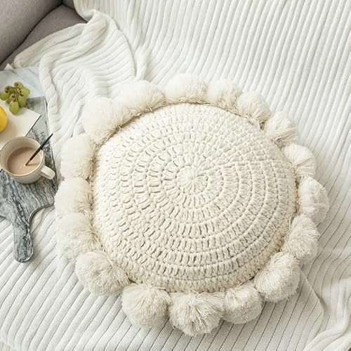 Adory Sweety stickad prydnadskudde rund soffkudde soffa söt kudde handgjord pompoms dekorativ plyschkudde (beige, diameter 45 cm)
