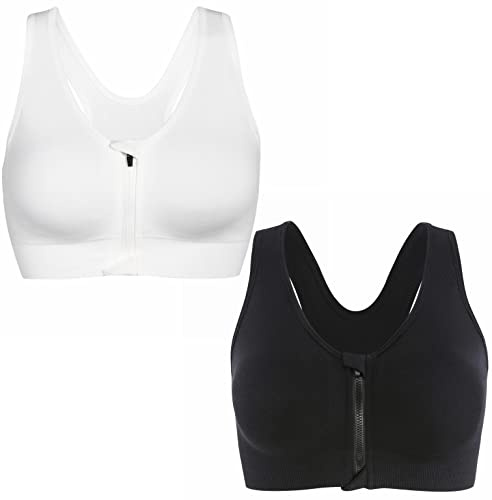 CLOUSPO Sports Bra Post Surgery Bra Zip Front Wireless with Removable Pads Yoga Bra for Workout Fitness(L,Black+White)