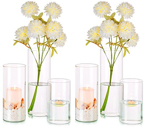 Hewory Cylindervaser i glas - 6 st, hög cylindervas i klarglas för blommor, ljushållare för kronljus, blomvas för bordsdekoration för bröllop, 15/20/25cm | Cylindervas-set glascylinder för ljus, klar vas glas för bröllopsdekoration fest födelsedag, Ø 8,5 cm, 14/19/24 cm