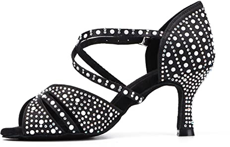 Syrads Femmes Chaussures de Danse Latine Professionnelles Bout Ouvert Salsa Bachata Chaussures de Danse Paillettes Strass Salsa Talons de Danse Latine,Noir 7.5cm Heel,39 EU
