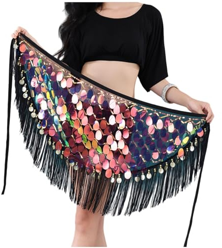 Baisdan Belly Dance Hip Scarf with Sequin Tassels, Sparkly Sequin Fringe Skirt for Women, Festival Outfit, Rave Performance Accessory