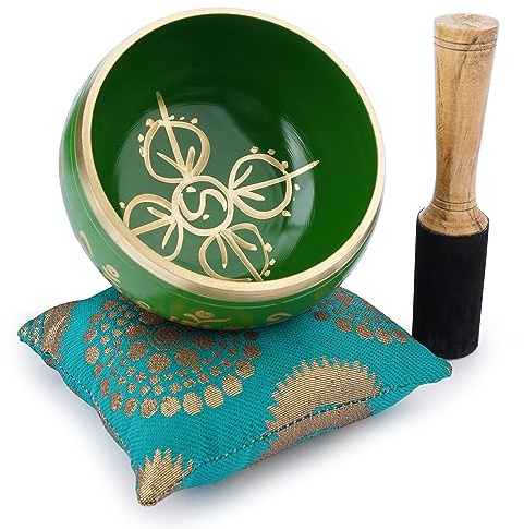 Ajuny Juego de Cuencos Tibetanos Sonido de Latón para Meditación Hecho a mano con Varilla y Cojín para Yoga Curación de Chakras Atención Plena y Alivio del Estrés Eegalos Espirituales Dorado y Verde