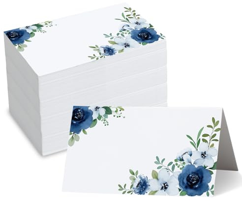Whaline 100Pcs Floral Place Cards 3.5 x 2 Inch White Blue Tented Cards Watercolor Flower Seating Cards Blank Table Name Signs for Buffet Party Table Setting Supplies