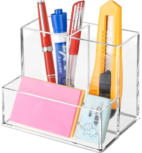 Banafich Pen Holder for Desk, Clear Acrylic Pencil Holder for Desk, Marker Holder with 3 Compartments, Pencil Organizer for Home, Office, Classroom, Bathroom