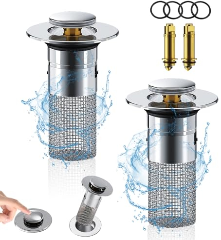 Waschbeckenstöpsel mit Sieb, Badezimmer Waschbecken Abflusssieb, Filter für den Bodenabfluss, Waschbeckenstöpsel Abflusssieb mit Push-Typ-Rückprallkern aus Messing für Küche (2 Stücke)