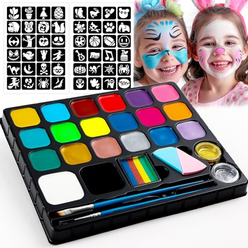 Roizefar 20 Farben Kinderschminken Set, kinderschminke set wasserbasis mit 48 Mustervorlagen und 2 Glitzer, kinderschminken set profi für Halloween, Ostern, Kinder Geburtstag Party, Mädchen Karneval