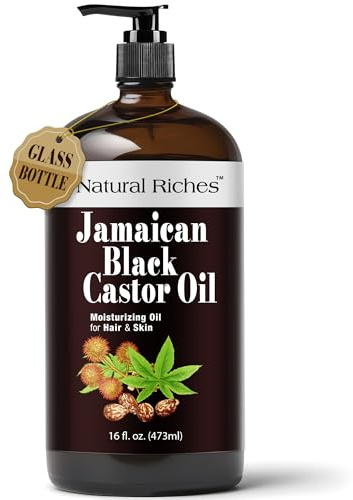 Natural Riches Jamaican Black Castor Oil Glass Bottle Pure Organic Cold Pressed for Hair Growth Skin Care for Dry Skin Conditioning Eyebrows Eyelashes Scalp and Nail Moisturizes & Repairs 16fl.oz.