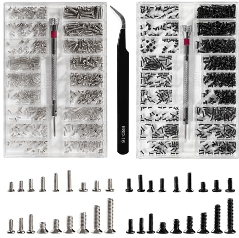 Lyeteung 1000 ST M1.2/M1.4/M2 Tiny Micro Reparations Screw Kit, Electronic Repair Micro Screws, Tiny Micro Screws Set, med Skruvmejsel och Pincett, för Glasögon, Bärbar Dator, Silver, Svart