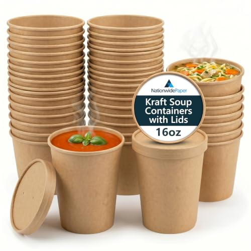 Nationwide Paper 16oz Brown Kraft Disposable Soup Containers with Lids 250 Pcs of Paper Soup Bowls Takeaway Tubs Perfect for Ice Cream and Deli Containers (475ml)