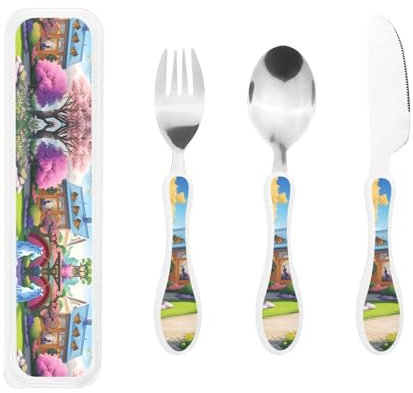 Einhorn-Märchen-Western-Geschirrset, Steakmesser, Gabel und Löffel, 3-teilig – 304 Edelstahl und PP-Kunststoff, Design für Kinder