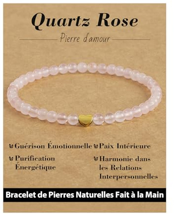 Landorilo Bracciale da Donna, Pietra Naturale da 4 mm con Perline D'amore Placcate Oro 925, Bracciali Yoga di Cristallo, Regalo di Natale, Compleanno, Anniversario(Quarzo Rosa)