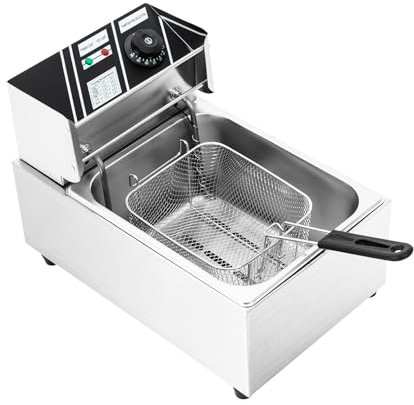 banborba Freidora eléctrica, freidora comercial, freidora eléctrica con tapa, escurridor de aceite y termostato de seguridad, 6 L, 2500 W, temperatura hasta 200 °C, acero inoxidable