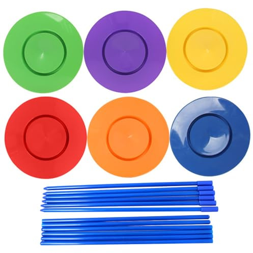 Pesoncarl Assiettes rotatives, 6 pcs Jongleux en Plastique avec des Assiettes, Jouet d'équilibre Amusant pour Les Enfants, intérieur, extérieur, jonglage avec des Ensembles