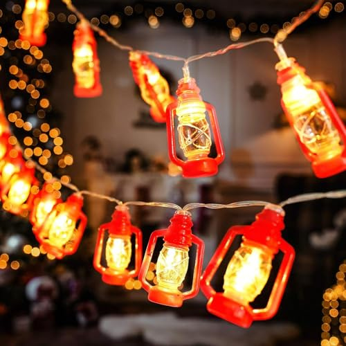 ALEGRE® Guirnalda de luces vintage de queroseno con temporizador, 1,5 m, 10 LED, temporizador, farolillos rojos, para interior y exterior, funciona con pilas, para camping, jardín, boda, decoración