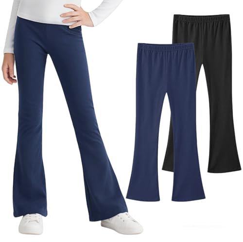 JinBei Leggings Niñas Algodón Pantalones Acampanados Pack de 2 Mallas Largos Suave Transpirable Legging Cintura Elástica Cómodos Ropa Infantiles Negro Azul Marino para Casual Deportes, 7-8 Años