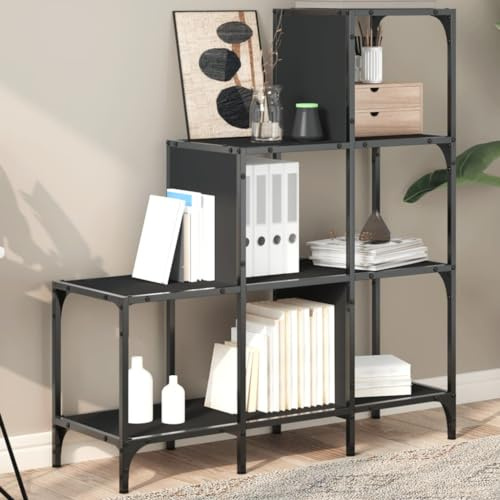 Holamys bokhylla svart 92 x 30 x 102 cm, modern träbaserade metall trapphylla för vardagsrum, kontor och sovrum, mångsidig bokhylla med 100 kg lastkapacitet