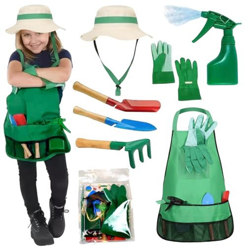 Herramientas de jardinería para niños pequeños | Kit de jardinería para niños, juego de 7 piezas para pequeños con sombrero para el sol, delantal, rociador, guantes, rastrillo, paleta y palas