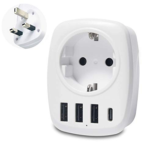 Unidapt Reiseadapter UK Adapter England Deutschland Stecker mit 3USB, 1 Typ C,AC Steckdosenadapter Reisestecker Stromadapter Schuko auf Typ G Großbritannien Irland Wand Ladegerät Ladestation Steckdose