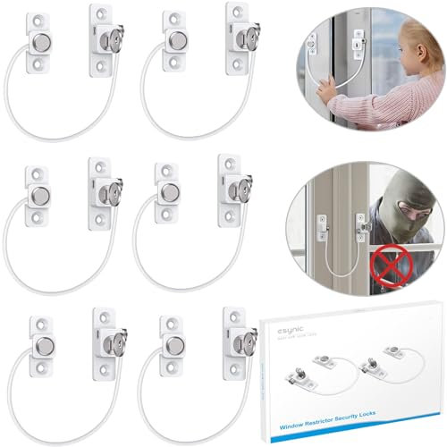 eSynic 6Pack Durable Window Locks Child Safety 185mm/7.3 Inch Wire Long Window Restrictor for UPVC Window Safety Restrictors with Key Relieable Window Security Locks for Home Office Safety etc