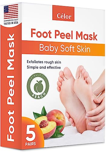 CÉLOR Foot Peeling Mask for Dry Cracked Feet | Foot Mask to Exfoliate Rough, Cracked, Dry Feet, Calluses for Soft Baby Feet Results | Made with Aloe Vera Extract for Women & Men (5 Pairs) | Peach