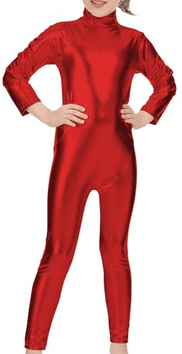 Bodies de Danza Brillante para Ballet, Mono de Manga Larga con Cremallera, Leotardo Body Nude para Gimnasia Deportiva Rítmica, Jumpsuit Niña Elástico Bailarina Yoga 1-12 años (Rojo, 10-12 años)