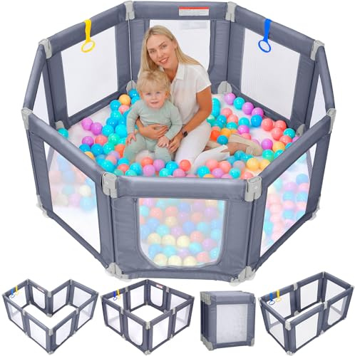 Foldable Baby Playpen, 47×49 Collapsible Play Pen for Babies Toddlers, 360° Vision Mesh Play Yard with Zipper Gate, Adjustable Shape Safety Baby Fence with Handles, Portable Indoor Outdoor, Grey