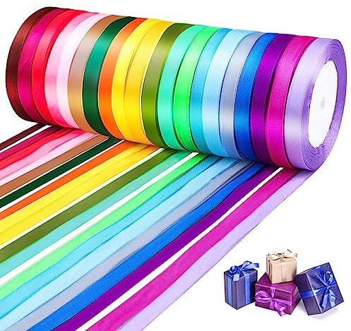 Vegena 20 Couleurs Ruban Satin, 10mm x 22m - Polyester, Satin - Blanc, Bleu, Jaune, Rouge, Vert - Uni - Occasions Spéciales - Emballage, Décoration de Mariage, Ballons, Nœuds, Artisanat